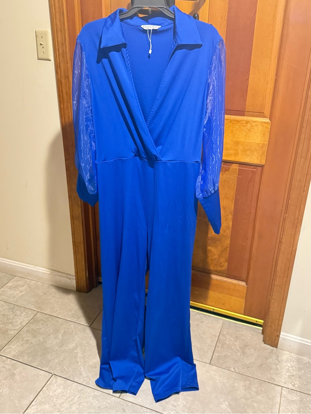 Women's Royal Blue Long-Sleeve Jumpsuit with Sheer Sleeves